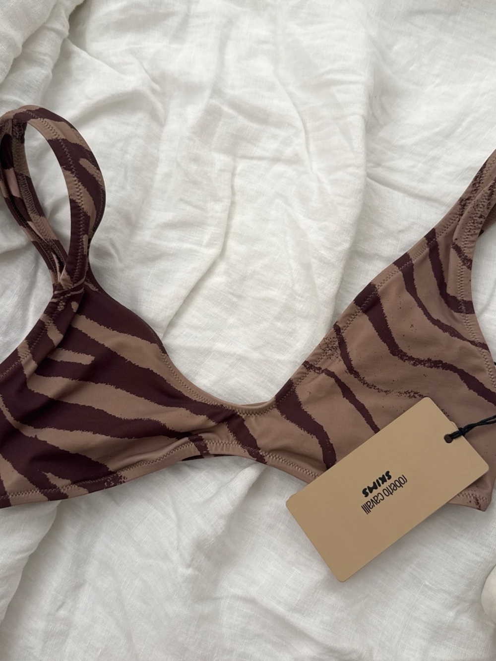 Skims X Roberto Cavalli Brown Zebra-Print plunge Scoop Bikini Top - Picture 2 of 2